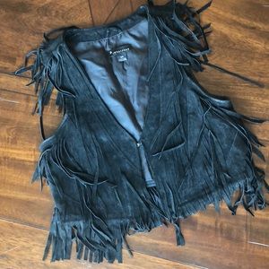 Black leather fringe vest